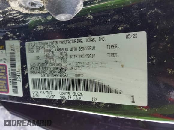 2023 Toyota Tundra SR5 with VIN 5TFLA5DA8PX100567, listed as a IAAI auction lot 42595561 with Not provided miles and . Bid and sale history available at DreamBid. Image 9.