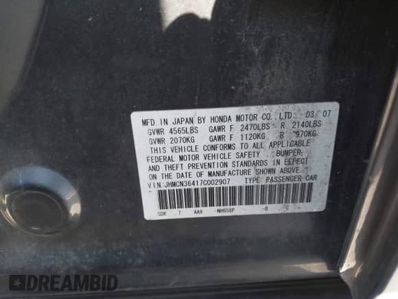 2007 Honda Accord with VIN JHMCN36417C002907, listed as a IAAI auction lot 42748821 with 135,081 mi miles and . Bid and sale history available at DreamBid. Image 9.