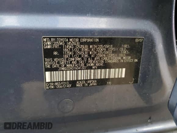 2007 Toyota RAV4 Sport with VIN JTMBD32V076041307, listed as a Copart auction lot 80359245 with 248,938 mi miles and Salvage title. Bid and sale history available at DreamBid. Image 13.