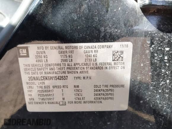 2017 Chevrolet Equinox LT z VIN 2GNALCEK6H1542637, wystawiony jako IAAI lot #43161105 z przebiegiem 181 415 mil mil oraz . Historia ofert i sprzedaży dostępna na DreamBid. Obrazek 9.