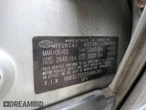 2003 Hyundai Santa Fe GLS z VIN KM8SC73D33U486383, wystawiony jako Copart lot #80148775 z przebiegiem 219 900 mil mil oraz Szkoda całkowita • Salvage title. Historia ofert i sprzedaży dostępna na DreamBid. Obrazek 13.