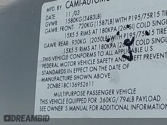 2003 Chevrolet Tracker with VIN 2CNBE18C136952611, listed as a IAAI auction lot 42666163 with 134,588 mi miles and . Bid and sale history available at DreamBid. Image 9.