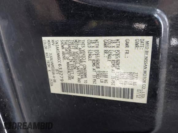 2012 Nissan Pathfinder S с VIN 5N1AR1NN6CC633279, выставлен на аукционе IAAI как лот 42523354 с пробегом 141 256 миль миль и . История ставок и продаж доступна на DreamBid. Изображение 9.