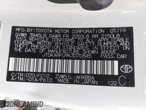 2019 Toyota Prius L Eco с VIN JTDKARFU9K3070845, выставлен на аукционе IAAI как лот 41987071 с пробегом 76 235 миль миль и . История ставок и продаж доступна на DreamBid. Изображение 9.