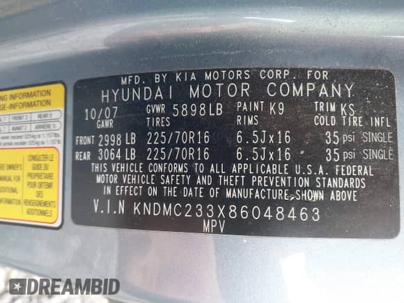 2008 Hyundai Entourage GLS с VIN KNDMC233X86048463, выставлен на аукционе IAAI как лот 43062162 с пробегом 158 720 миль миль и . История ставок и продаж доступна на DreamBid. Изображение 9.