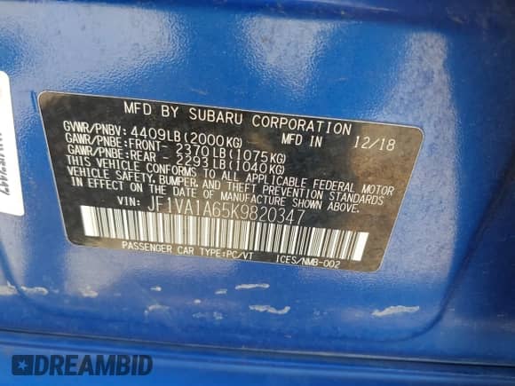 2019 Subaru WRX with VIN JF1VA1A65K9820347, listed as a IAAI auction lot 42917848 with 67,000 mi miles and . Bid and sale history available at DreamBid. Image 9.