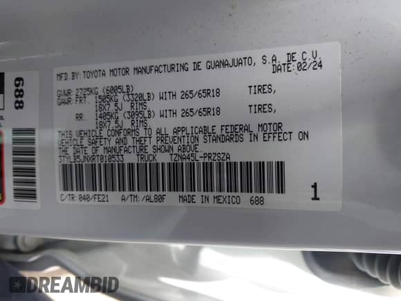 2024 Toyota Tacoma SR5 with VIN 3TYLB5JNXRT010533, listed as a IAAI auction lot 42955728 with 20,995 mi miles and . Bid and sale history available at DreamBid. Image 9.