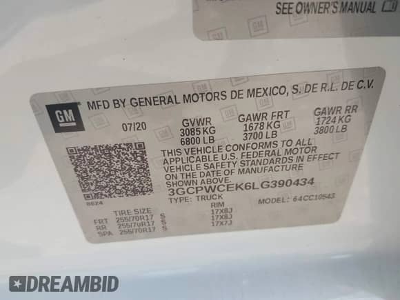 2020 Chevrolet Silverado 1500 LT с VIN 3GCPWCEK6LG390434, выставлен на аукционе IAAI как лот 42593967 с пробегом Не указан миль и . История ставок и продаж доступна на DreamBid. Изображение 9.