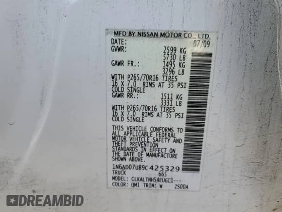 2009 Nissan Frontier SE with VIN 1N6AD07U89C425329, listed as a Copart auction lot 47890565 with 345,112 mi miles and Clean title. Bid and sale history available at DreamBid. Image 12.