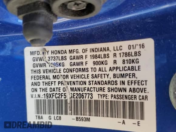 2016 Honda Civic LX с VIN 19XFC2F57GE206773, выставлен на аукционе Copart как лот 86588605 с пробегом 91 313 миль миль и Списание • Salvage title. История ставок и продаж доступна на DreamBid. Изображение 12.