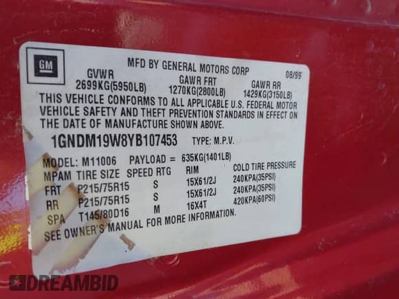 2000 Chevrolet Astro с VIN 1GNDM19W8YB107453, выставлен на аукционе IAAI как лот 41856222 с пробегом 167 684 миль миль и . История ставок и продаж доступна на DreamBid. Изображение 9.