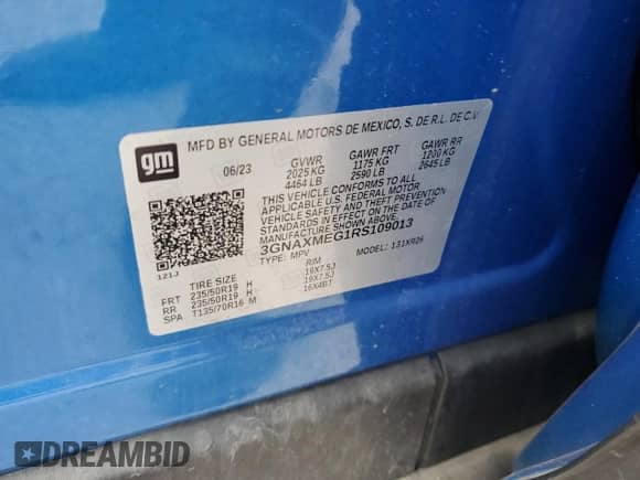 2024 Chevrolet Equinox RS с VIN 3GNAXMEG1RS109013, выставлен на аукционе Copart как лот 69965615 с пробегом 34 485 миль миль и Списание • Salvage title. История ставок и продаж доступна на DreamBid. Изображение 12.