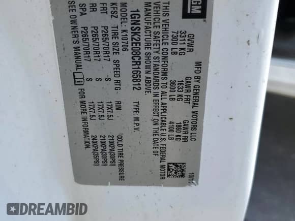 2012 Chevrolet Tahoe Commercial with VIN 1GNSK2E08CR165812, listed as a Copart auction lot 47165803 with 34,216 mi miles and Non repairable. Bid and sale history available at DreamBid. Image 13.