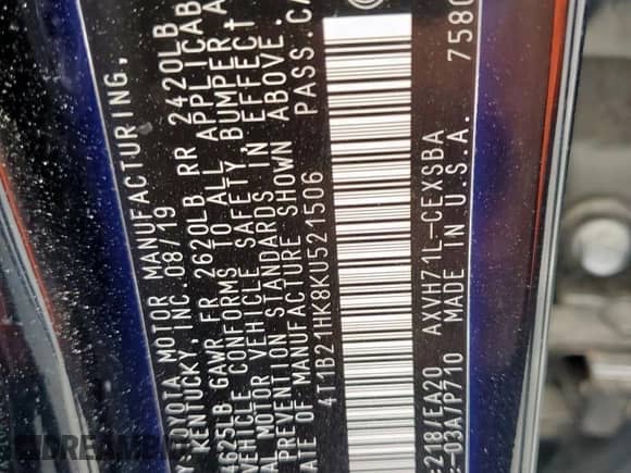 2019 Toyota Camry Hybrid LE с VIN 4T1B21HK8KU521506, выставлен на аукционе Copart как лот 81960675 с пробегом Не указан миль и Чистый • Clean title. История ставок и продаж доступна на DreamBid. Изображение 12.