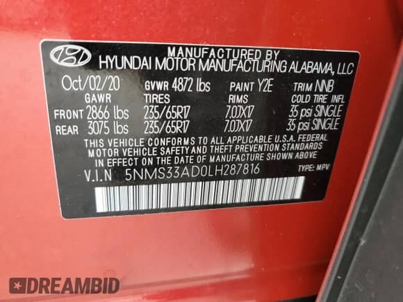 2020 Hyundai Santa Fe SEL с VIN 5NMS33AD0LH287816, выставлен на аукционе Copart как лот 86292385 с пробегом 34 017 миль миль и Списание • Salvage title. История ставок и продаж доступна на DreamBid. Изображение 13.