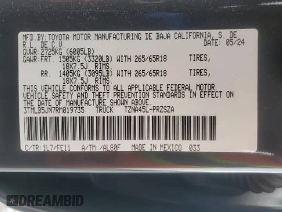 2024 Toyota Tacoma TRD Off Road with VIN 3TMLB5JN7RM019735, listed as a Copart auction lot 81086225 with 13,650 mi miles and Salvage title. Bid and sale history available at DreamBid. Image 13.