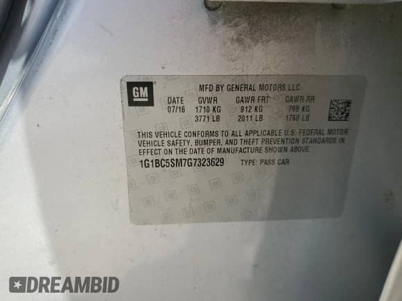 2016 Chevrolet Cruze LS with VIN 1G1BC5SM7G7323629, listed as a Copart auction lot 66005295 with 129,338 mi miles and Salvage title. Bid and sale history available at DreamBid. Image 12.