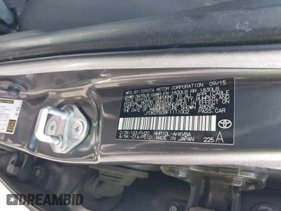 2015 Toyota Prius One z VIN JTDKDTB38F1111002, wystawiony jako IAAI lot #43250745 z przebiegiem 229 161 mil mil oraz . Historia ofert i sprzedaży dostępna na DreamBid. Obrazek 9.