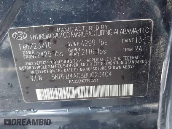 2011 Hyundai Sonata GLS with VIN 5NPEB4AC8BH023404, listed as a IAAI auction lot 43395741 with 144,869 mi miles and . Bid and sale history available at DreamBid. Image 9.