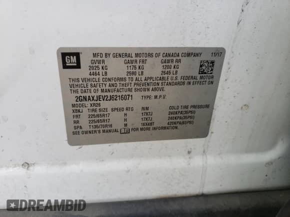 2018 Chevrolet Equinox LT with VIN 2GNAXJEV2J6216071, listed as a Copart auction lot 81960095 with 271,829 mi miles and Salvage title. Bid and sale history available at DreamBid. Image 13.