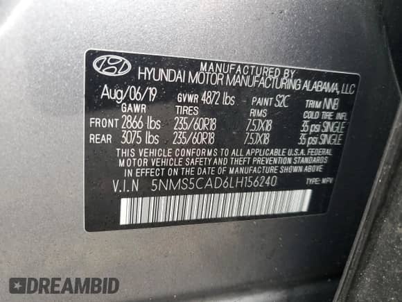 2020 Hyundai Santa Fe Limited with VIN 5NMS5CAD6LH156240, listed as a Copart auction lot 68942435 with 63,803 mi miles and Salvage title. Bid and sale history available at DreamBid. Image 14.