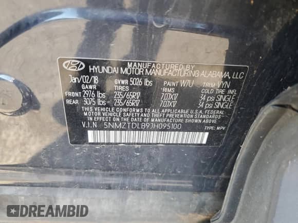 2018 Hyundai Santa Fe 2.4L с VIN 5NMZTDLB9JH095100, выставлен на аукционе Copart как лот 64850795 с пробегом 92 794 миль миль и Списание • Salvage title. История ставок и продаж доступна на DreamBid. Изображение 12.