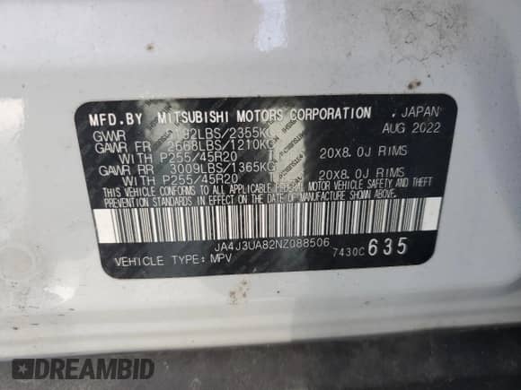 2022 Mitsubishi Outlander SE with VIN JA4J3UA82NZ088506, listed as a Copart auction lot 54781715 with 83,889 mi miles and Salvage title. Bid and sale history available at DreamBid. Image 13.
