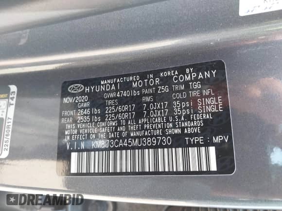 2021 Hyundai Tucson Value with VIN KM8J3CA45MU389730, listed as a IAAI auction lot 42669482 with 29,240 mi miles and . Bid and sale history available at DreamBid. Image 9.