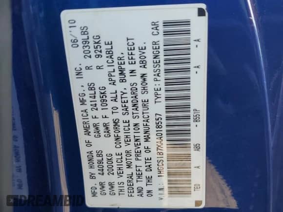 2010 Honda Accord EX with VIN 1HGCS1B7XAA018557, listed as a Copart auction lot 85141965 with 180,794 mi miles and Salvage title. Bid and sale history available at DreamBid. Image 12.