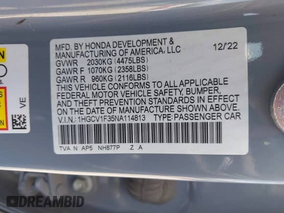2022 Honda Accord Sport z VIN 1HGCV1F35NA114813, wystawiony jako IAAI lot #43300764 z przebiegiem 51 438 mil mil oraz . Historia ofert i sprzedaży dostępna na DreamBid. Obrazek 9.