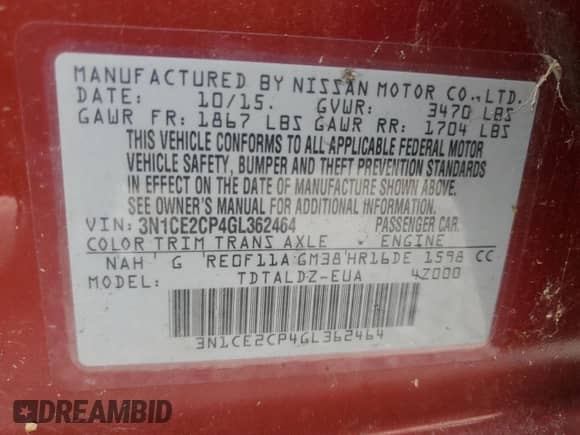 2016 Nissan Note S Plus z VIN 3N1CE2CP4GL362464, wystawiony jako Copart lot #62841695 z przebiegiem 65 340 mil mil oraz Nie do naprawy • Non repairable. Historia ofert i sprzedaży dostępna na DreamBid. Obrazek 12.