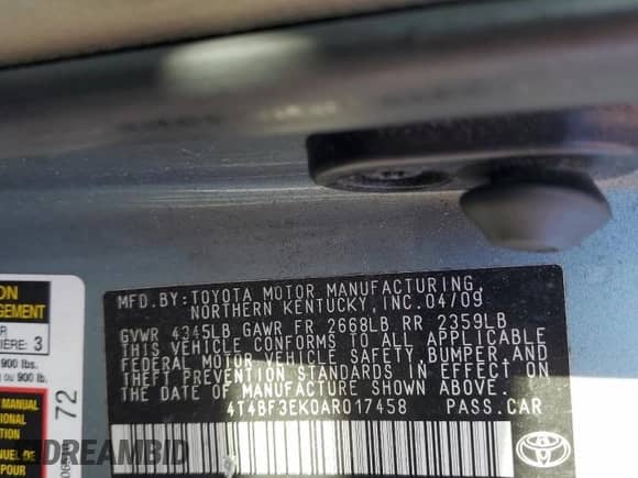 2010 Toyota Camry с VIN 4T4BF3EK0AR017458, выставлен на аукционе Copart как лот 86230055 с пробегом 217 436 миль миль и Списание • Salvage title. История ставок и продаж доступна на DreamBid. Изображение 12.