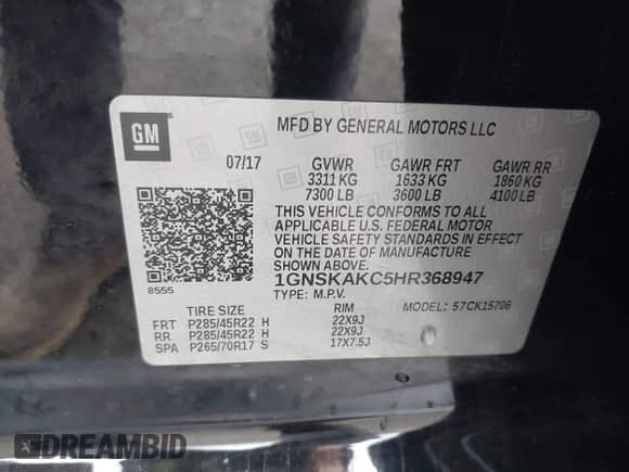 2017 Chevrolet Tahoe LS с VIN 1GNSKAKC5HR368947, выставлен на аукционе IAAI как лот 42249251 с пробегом 100 637 миль миль и . История ставок и продаж доступна на DreamBid. Изображение 9.