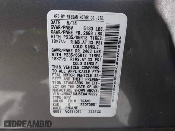 2014 Nissan Murano SV with VIN JN8AZ1MU6EW415359, listed as a IAAI auction lot 43471334 with 82,847 mi miles and . Bid and sale history available at DreamBid. Image 9.