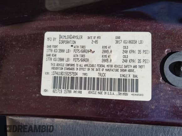 2005 Dodge 1500 SLT with VIN 1D7HU18D15S257934, listed as a IAAI auction lot 43012509 with 195,558 mi miles and . Bid and sale history available at DreamBid. Image 9.