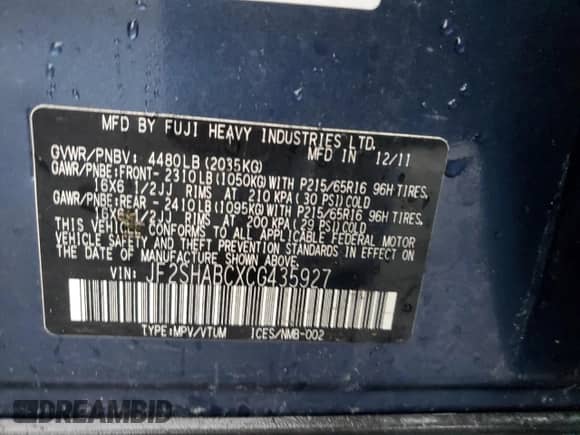 2012 Subaru Forester X с VIN JF2SHABCXCG435927, выставлен на аукционе Copart как лот 43772725 с пробегом Не указан миль и Списание • Salvage title. История ставок и продаж доступна на DreamBid. Изображение 14.