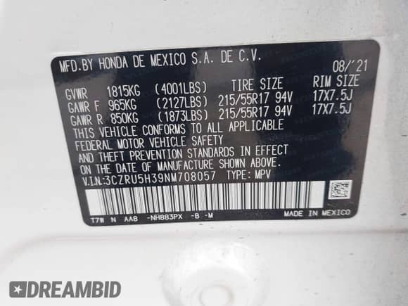 2022 Honda HR-V LX with VIN 3CZRU5H39NM708057, listed as a IAAI auction lot 42492243 with 29,024 mi miles and . Bid and sale history available at DreamBid. Image 9.