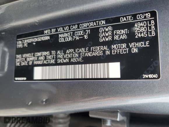 2019 Volvo S60 Momentum with VIN 7JR102FK0KG010984, listed as a Copart auction lot 52284975 with 156,569 mi miles and Clean title. Bid and sale history available at DreamBid. Image 13.