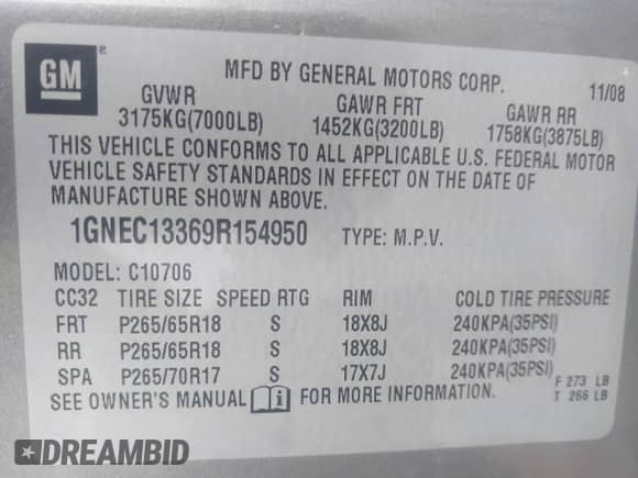 2009 Chevrolet Tahoe LS with VIN 1GNEC13369R154950, listed as a IAAI auction lot 42346781 with 241,404 mi miles and . Bid and sale history available at DreamBid. Image 9.