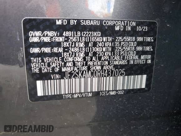 2024 Subaru Forester Touring z VIN JF2SKAMC0RH437025, wystawiony jako Copart lot #58746705 z przebiegiem 20 562 mil mil oraz Szkoda całkowita • Salvage title. Historia ofert i sprzedaży dostępna na DreamBid. Obrazek 13.