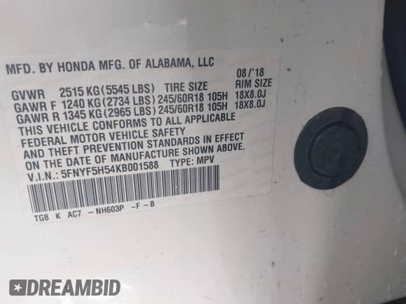 2019 Honda Pilot EX-L with VIN 5FNYF5H54KB001588, listed as a IAAI auction lot 42472595 with 150,254 mi miles and . Bid and sale history available at DreamBid. Image 9.