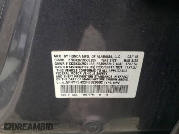 2015 Honda Pilot LX с VIN 5FNYF3H22FB029602, выставлен на аукционе Copart как лот 69173495 с пробегом 121 973 миль миль и На запчасти • Non repairable. История ставок и продаж доступна на DreamBid. Изображение 15.