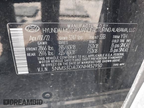 2022 Hyundai Santa Fe SEL с VIN 5NMS3DAJXNH452950, выставлен на аукционе IAAI как лот 43045534 с пробегом 71 400 миль миль и . История ставок и продаж доступна на DreamBid. Изображение 9.