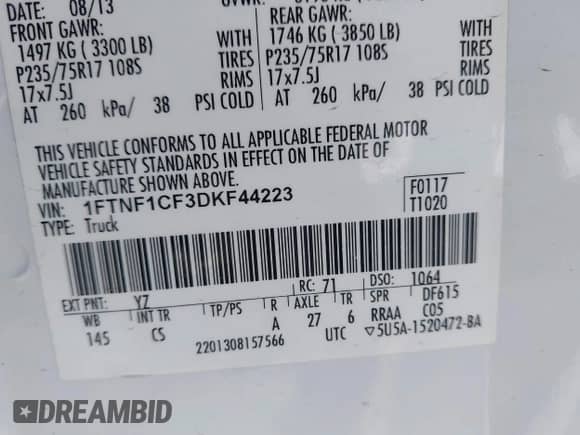 2013 Ford F-150 XL z VIN 1FTNF1CF3DKF44223, wystawiony jako IAAI lot #43090325 z przebiegiem 206 575 mil mil oraz . Historia ofert i sprzedaży dostępna na DreamBid. Obrazek 9.