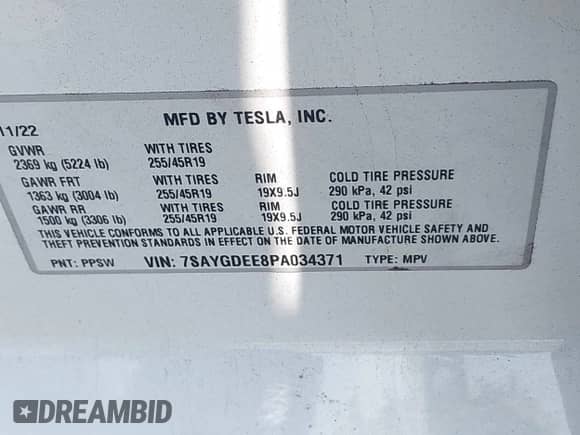 2023 Tesla Model Y Long Range с VIN 7SAYGDEE8PA034371, выставлен на аукционе IAAI как лот 42765729 с пробегом Не указан миль и . История ставок и продаж доступна на DreamBid. Изображение 9.