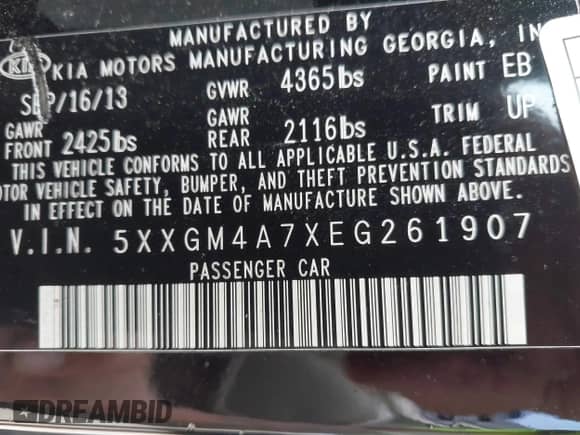 2014 Kia Optima LX with VIN 5XXGM4A7XEG261907, listed as a IAAI auction lot 43405310 with 143,980 mi miles and . Bid and sale history available at DreamBid. Image 9.