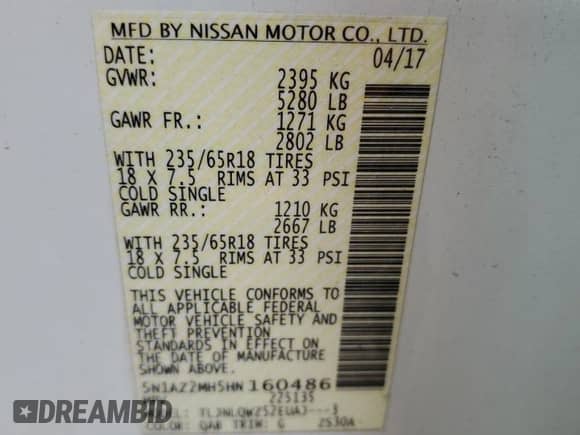 2017 Nissan Murano Platinum with VIN 5N1AZ2MH5HN160486, listed as a Copart auction lot 64935425 with 127,372 mi miles and Salvage title. Bid and sale history available at DreamBid. Image 13.