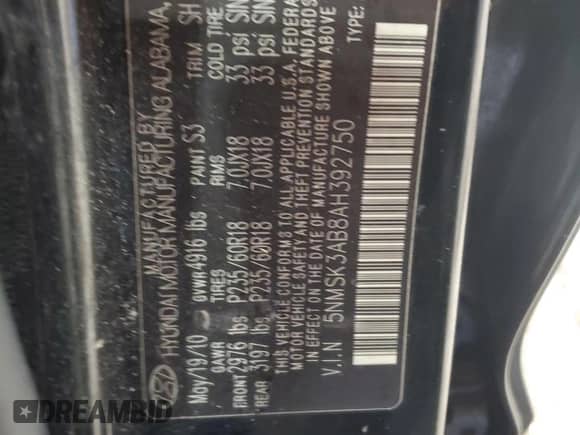 2010 Hyundai Santa Fe Limited with VIN 5NMSK3AB8AH392750, listed as a Copart auction lot 61046675 with Not provided miles and Salvage title. Bid and sale history available at DreamBid. Image 12.