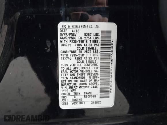 2013 Nissan Murano SV with VIN JN8AZ1MW2DW317445, listed as a IAAI auction lot 42177164 with 162,649 mi miles and . Bid and sale history available at DreamBid. Image 9.