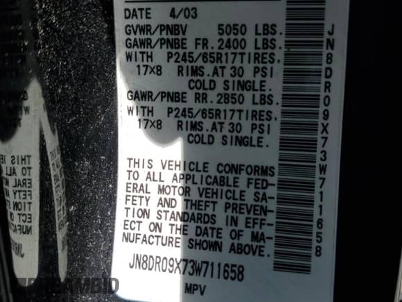 2003 Nissan Pathfinder LE z VIN JN8DR09X73W711658, wystawiony jako Copart lot #75887254 z przebiegiem 243 233 mil mil oraz Szkoda całkowita • Salvage title. Historia ofert i sprzedaży dostępna na DreamBid. Obrazek 12.